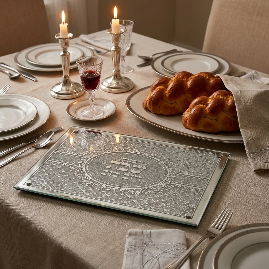 Plateau Hallah Verre Miroir Chabbat - Judaica Élégant 45cm – Image 3